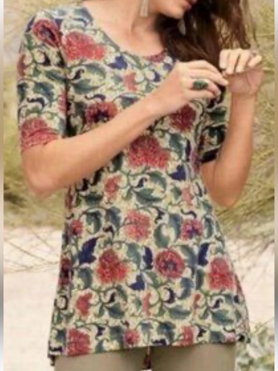 Peruvian Connection Tops - Peruvian Connection Pima Cotton Flora Print Quarter Sleeve Tunic Top Large